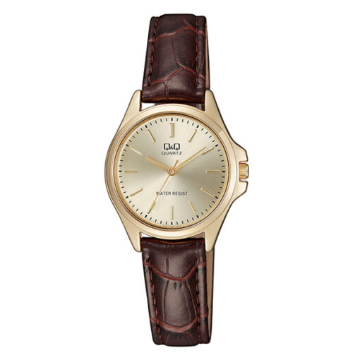 Q&Q QA07J100Y brown leather strap golden dial ladies analog wrist watch