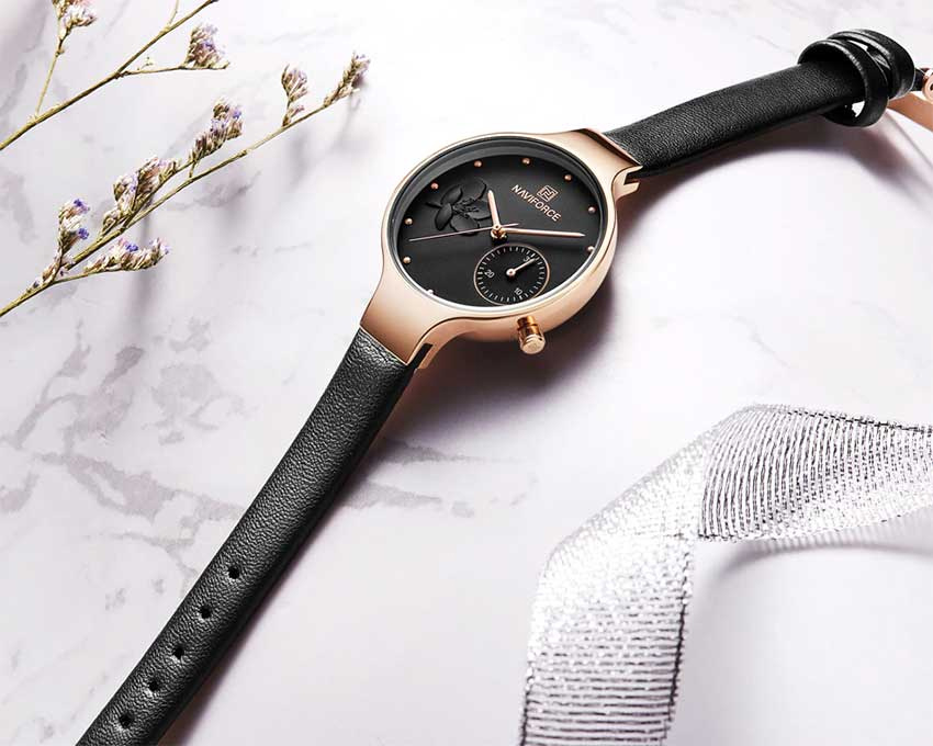 NaviForce NF5001L black leather strap rose gold dial case ladies stylish analog wrist watch