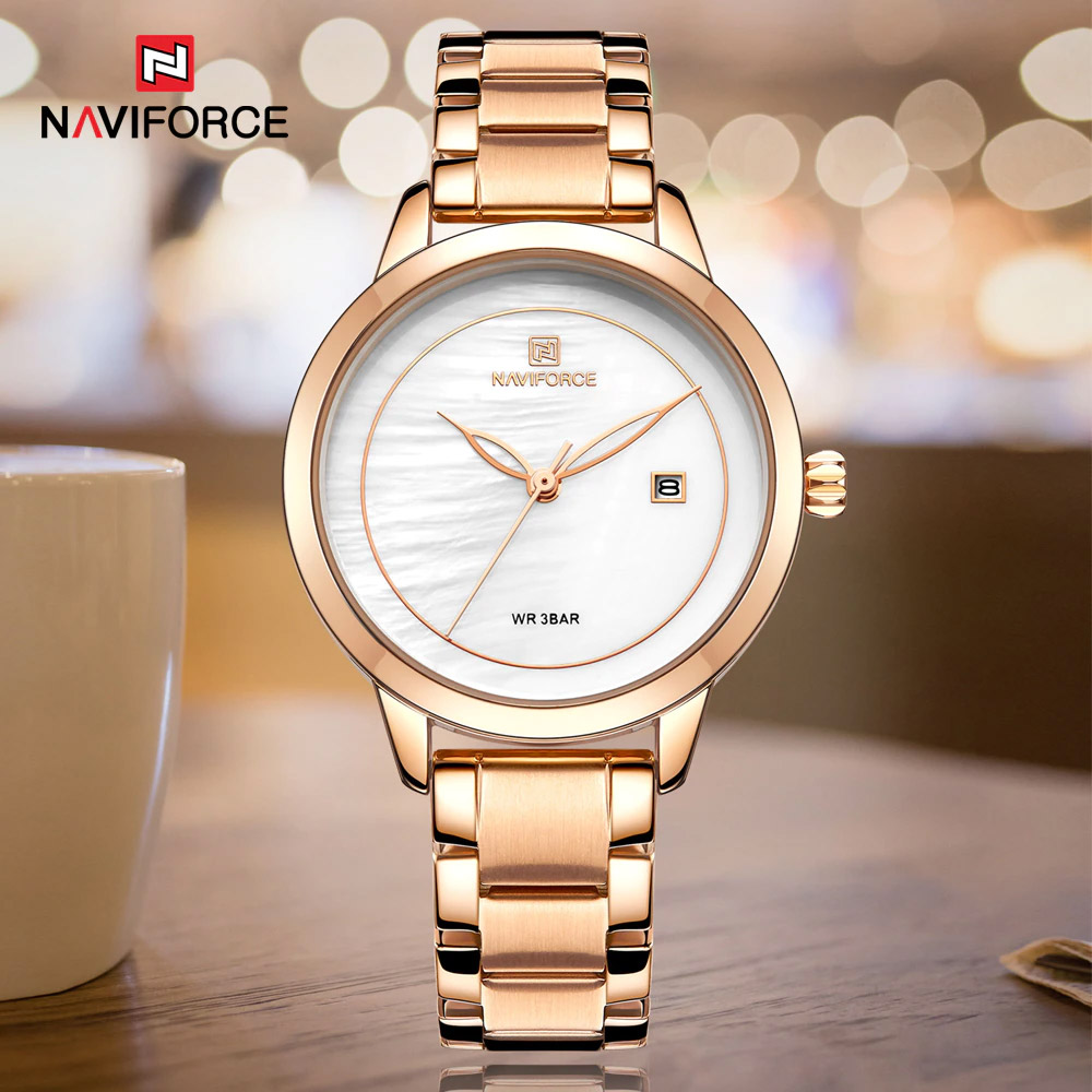 NaviForce NF5008 rose gold stainless steel white analog dial female wrist watch