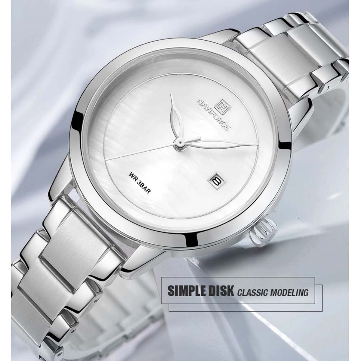 NaviForce NF5008 silver stainless steel white analog dial ladies wrist watch