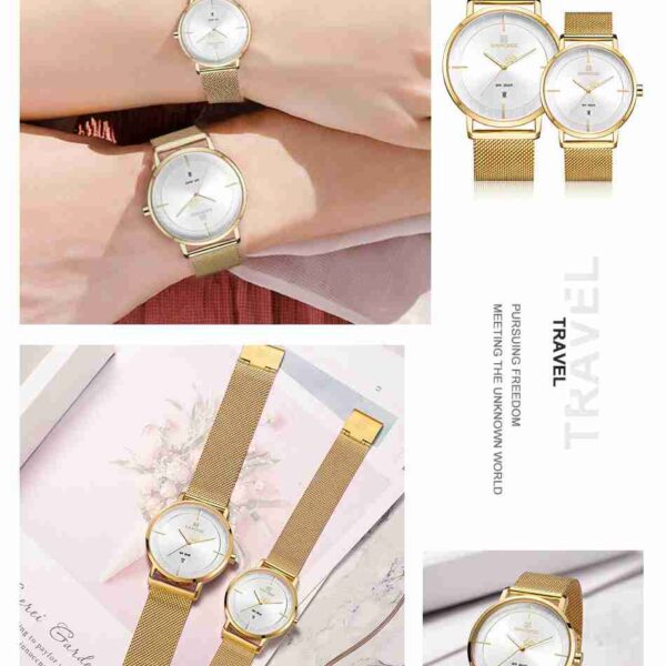 Naviforce Golden Mesh Chain Couple Wrist Watch - Image 2