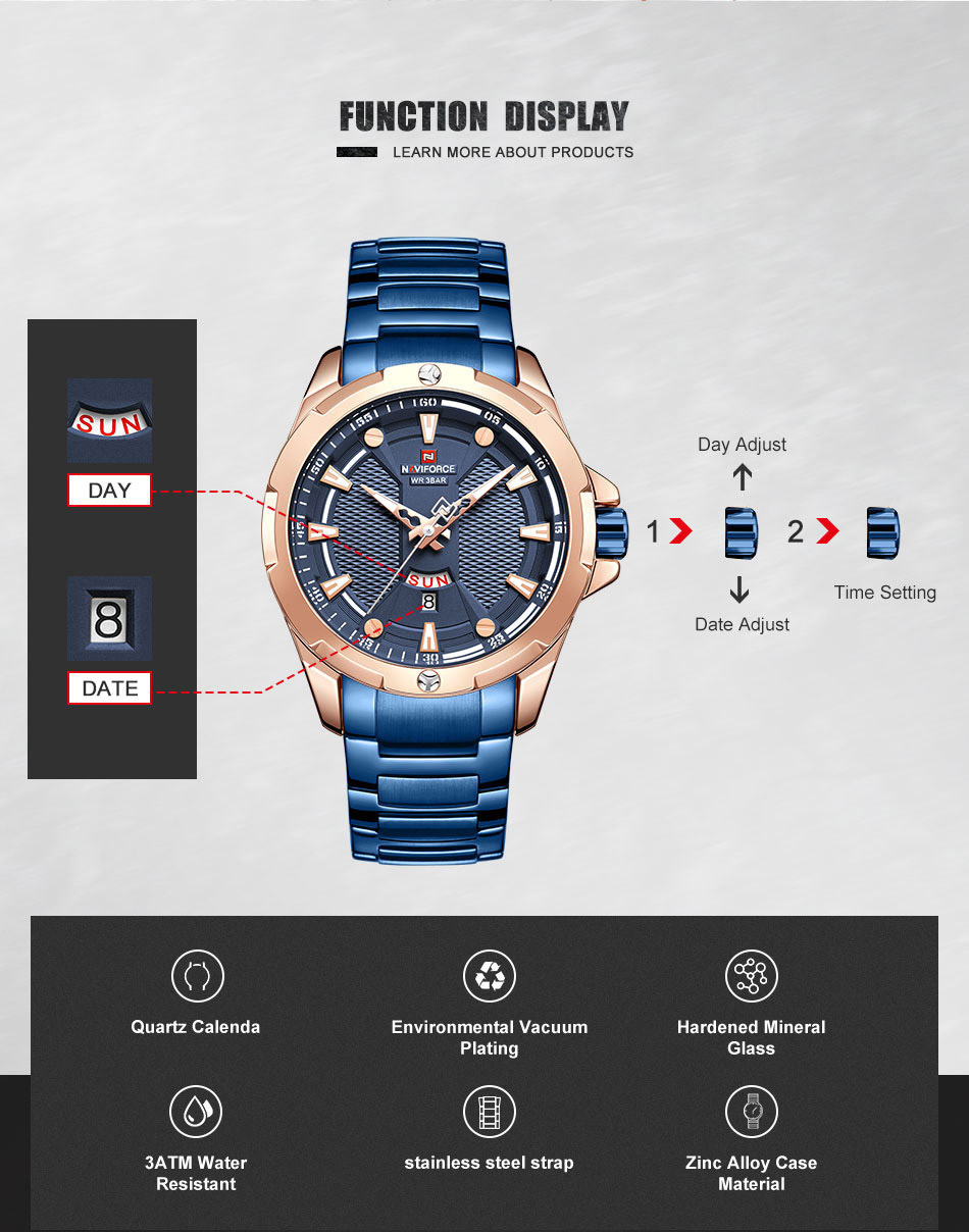 NaviForce-9161 blue chain & dial men's watch specifications