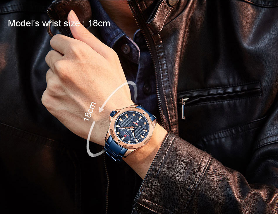 NaviForce-9161 men's luxury watch in blue chain photoshoot