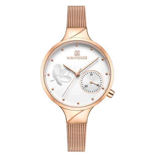 NaviForce NF5001 rose gold stainless steel white flower printed dial ladies gift watch