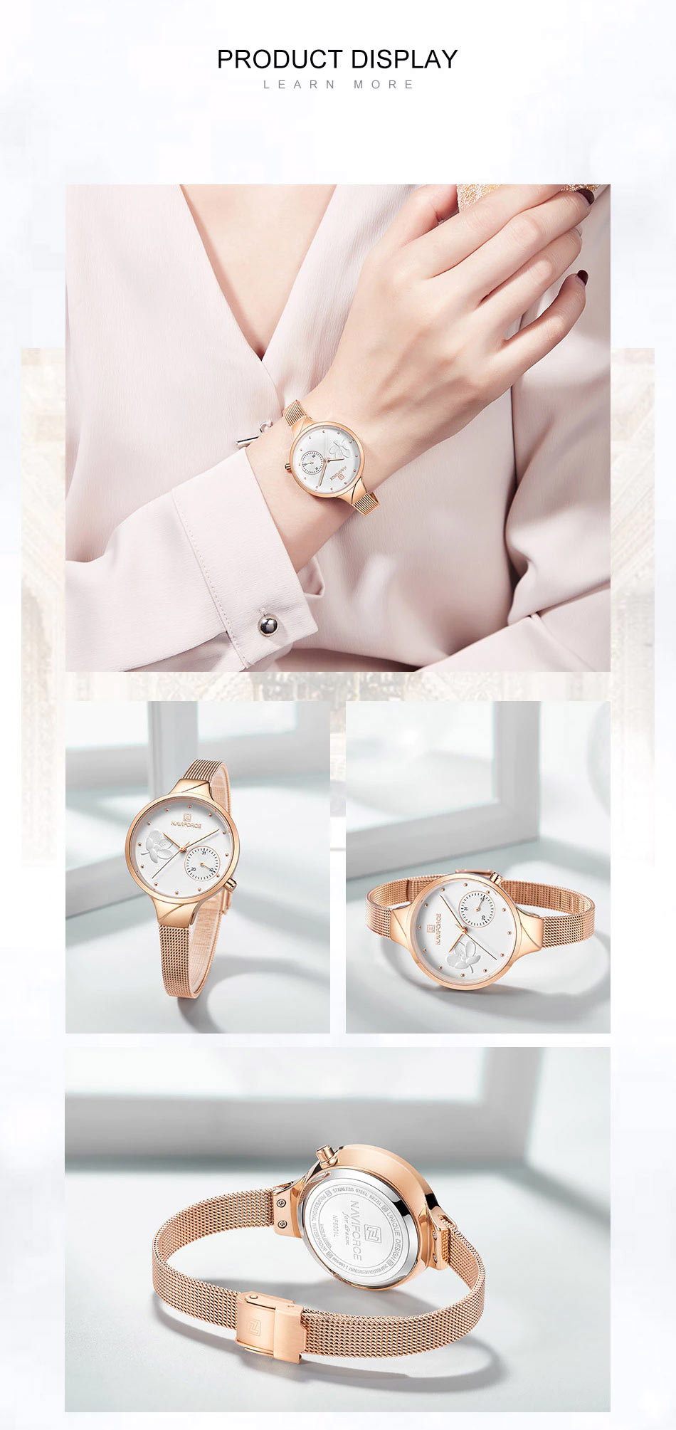NaviForce NF5001 rose gold stainless steel white flower printed dial ladies gift watch