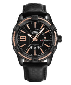 NaviForce-NF9117L black leather strap rose gold black dial men's wrist watch
