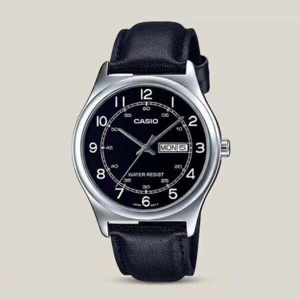Casio men's black dial watch with silver-tone case, black leather strap and day-date display