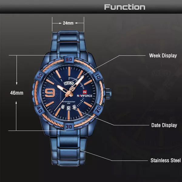 NaviForce-9117 men's luxury watch in blue chain specifications
