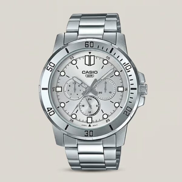 mtp-vd300d-7e casio silver round dial with silver stainless steel enticer series men's wrist watch
