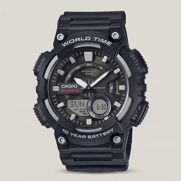 casio-aeq-110w-1av 10 year battery life resin glass Telememo wrist watch