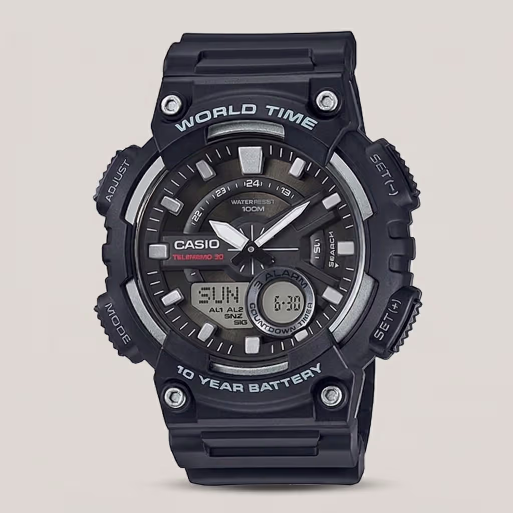 casio-aeq-110w-1av 10 year battery life resin glass Telememo wrist watch
