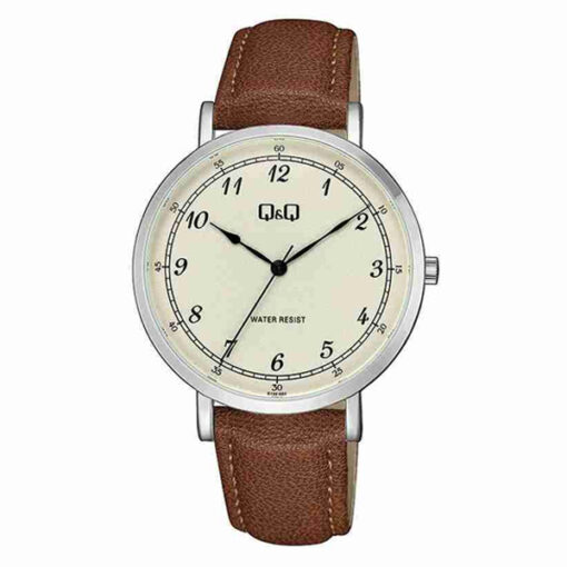 Q&Q QA20J304Y brown leather strap golden numeric dial men's dress watch