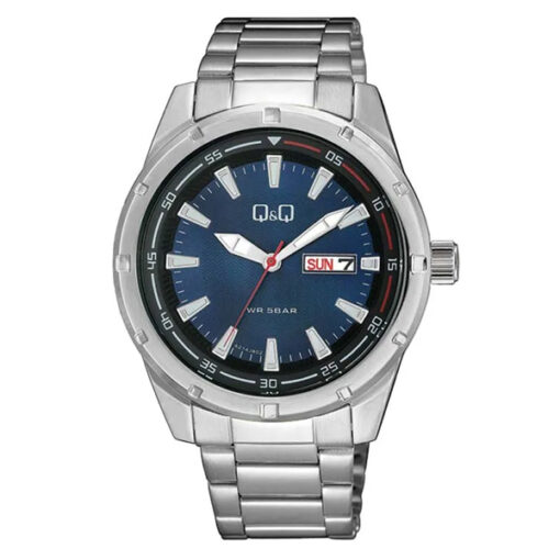 Q&Q A214J202Y silver stainless steel chain blue analog dial men's wrist watch