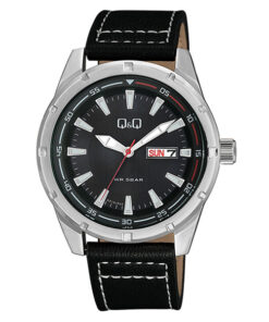 Q&Q A214J302Y black leather strap round analog dial men's wrist watch