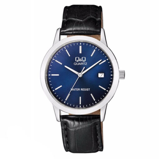 Q&Q A462J302Y black leather strap blue dial men's dress watch