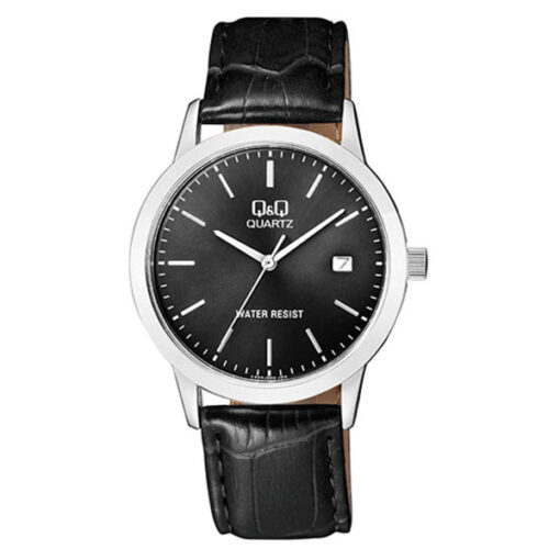 Q&Q A462J312Y black leather strap round analog dial men's dress watch