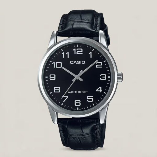 Casio men's black dial watch with silver-tone case, black leather strap and large Arabic numeral hour markers