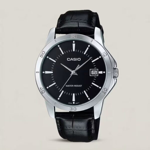 Casio men's black dial watch with silver-tone bezel, black leather strap and date display