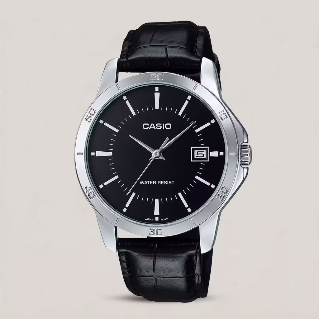 Casio men's black dial watch with silver-tone bezel, black leather strap and date display