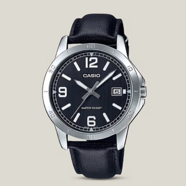 Casio men's black textured dial watch with silver-tone bezel, black leather strap and date display