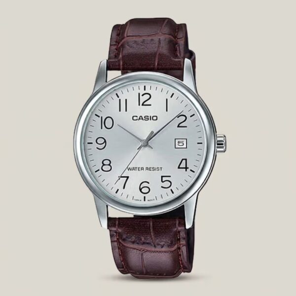 Casio men's black textured dial watch with silver-tone bezel, black leather strap and date display