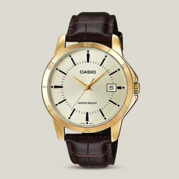 Casio men's gold-tone watch with champagne dial, brown leather strap and date display