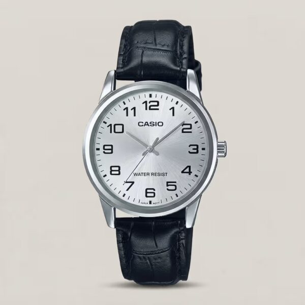 Casio men's silver dial watch with silver-tone case, black leather strap and bold Arabic numeral hour markers