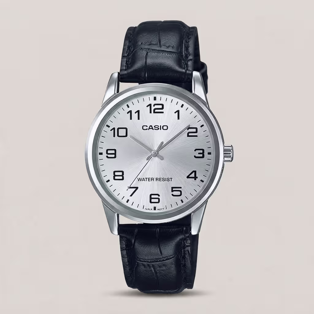 Casio men's silver dial watch with silver-tone case, black leather strap and bold Arabic numeral hour markers