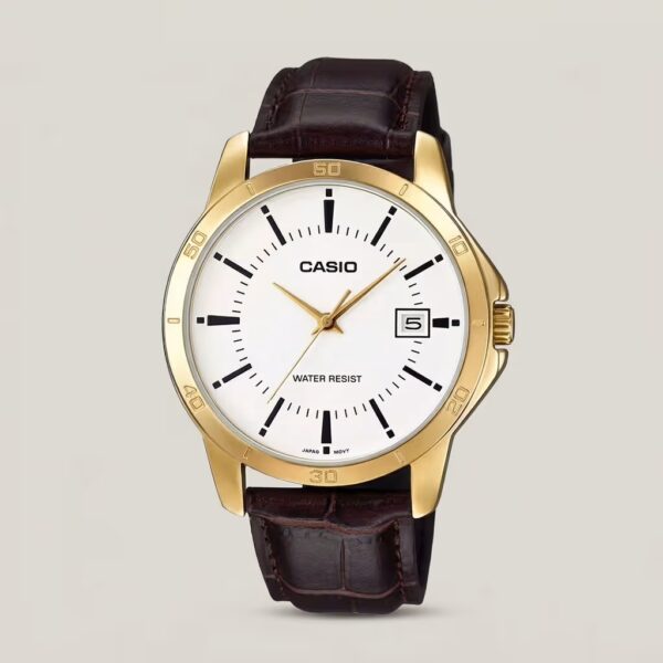 Casio men's white dial watch with gold-tone case, brown leather strap and date display