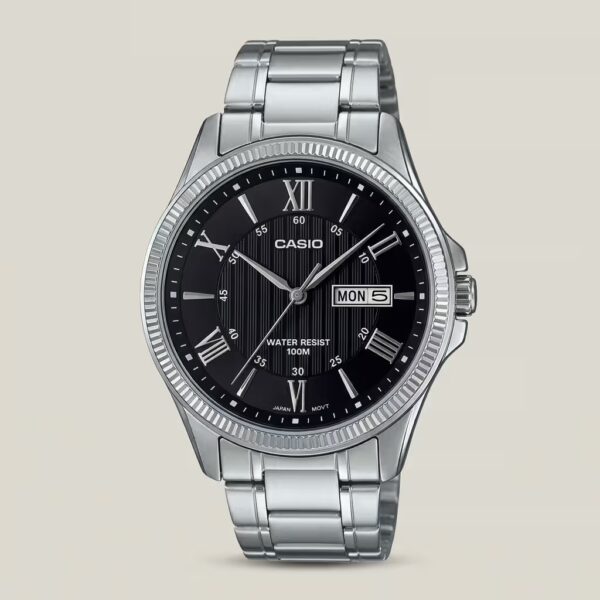 Casio MTP-1384D-1A stainless steel analog wristwatch with a black dial, day-date display, and 100-meter water resistance – perfect for rugged elegance.
