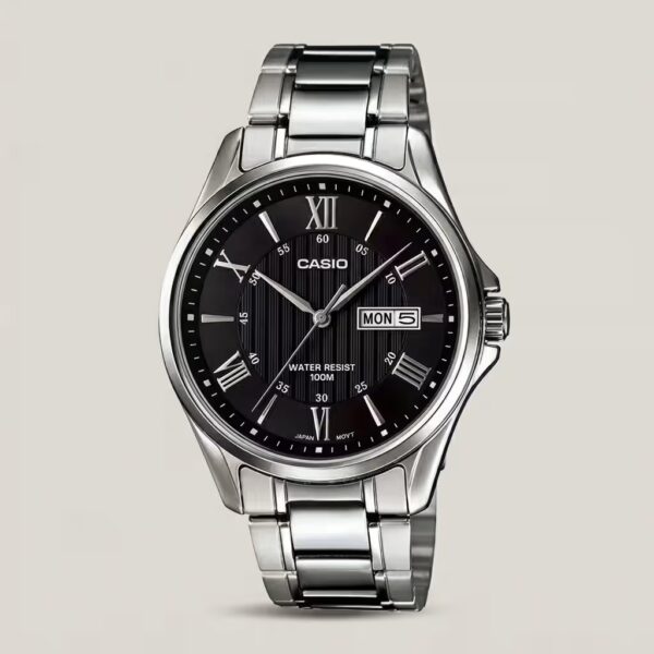Casio MTP-1384D-1A stainless steel analog wristwatch with a black dial, day-date display, and 100-meter water resistance – perfect for rugged elegance.