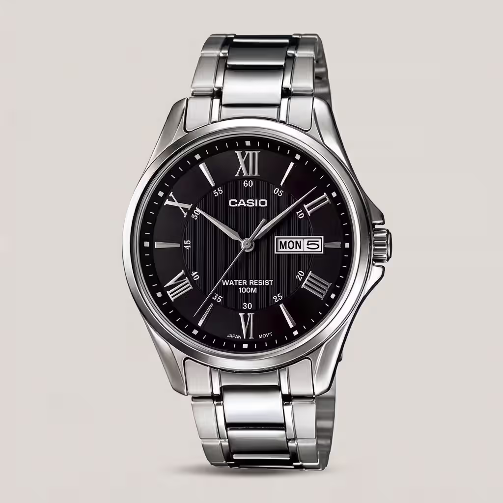 Casio MTP-1384D-1A stainless steel analog wristwatch with a black dial, day-date display, and 100-meter water resistance – perfect for rugged elegance.