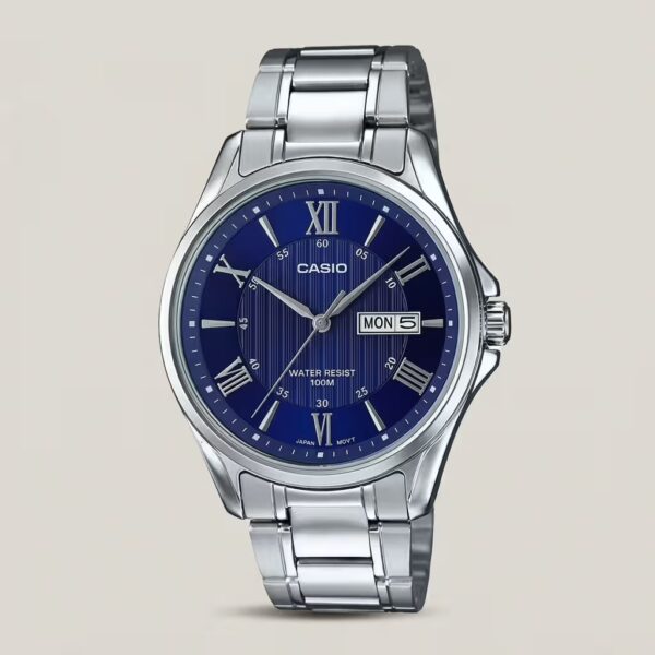 Casio MTP-1384D-2A men’s watch with blue dial, stainless steel band, Roman numeral markers, and day-date display – 100-meter water resistant.