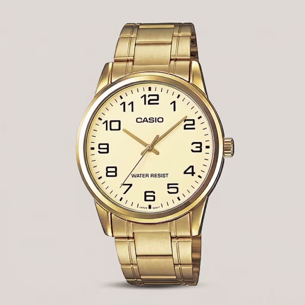 MTP-V001G-9B Casio Enticer gents watch in golden stainless steel & analog golden dial