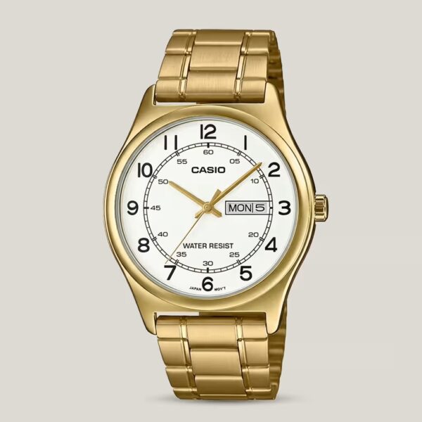 mtp-v006g-7b casio gold ion plated case with golden chain and white dial men's dress watch in Pakistan