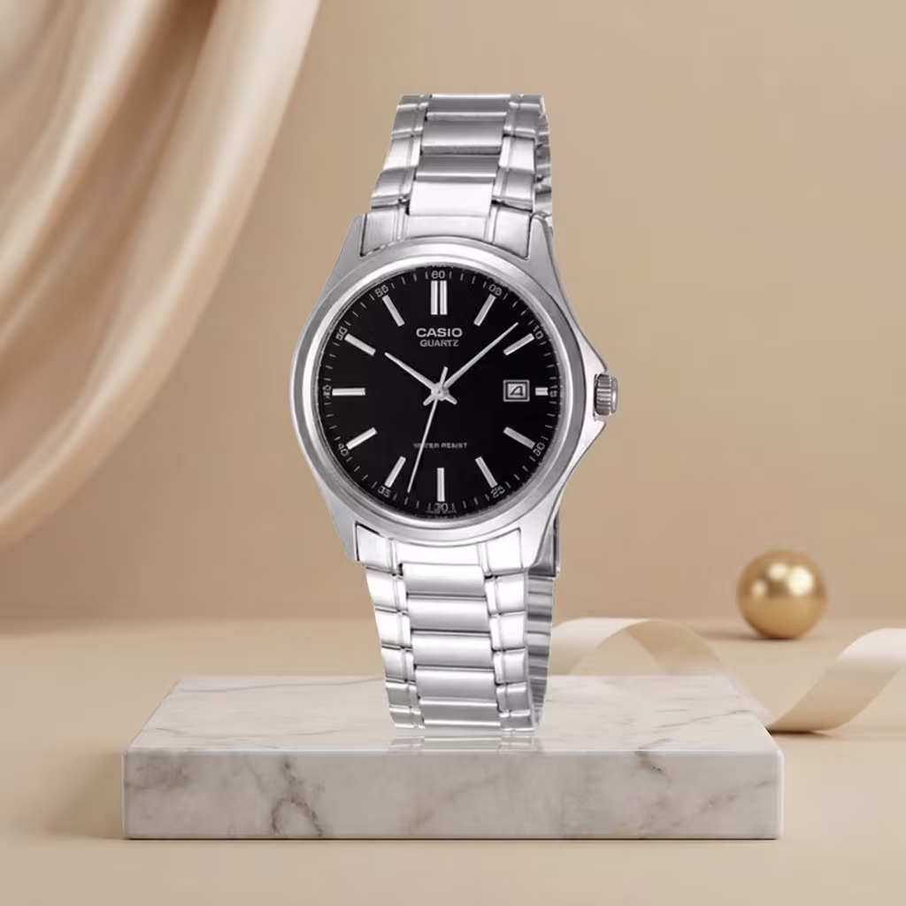 ltp-1183a-1av casio black analog dial silver chain female wrist watch