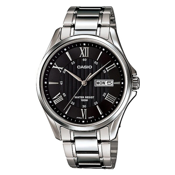 Casio MTP-1384D-1A stainless steel analog wristwatch with a black dial, day-date display, and 100-meter water resistance – perfect for rugged elegance.