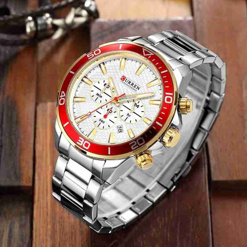 Curren 8309 Rolex Style Red White Dial Chronograph Wrist Watch