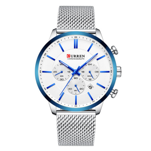 curren 8340 silver mesh strap white dial men's chronograph wrist watch