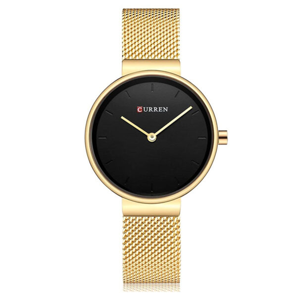 Curren 9016 ladies golden mesh chain wrist watch in black simple analog dial