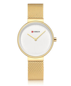 9016 Curren Golden Mesh Chain and White Dial Ladies Simple Analog Watch