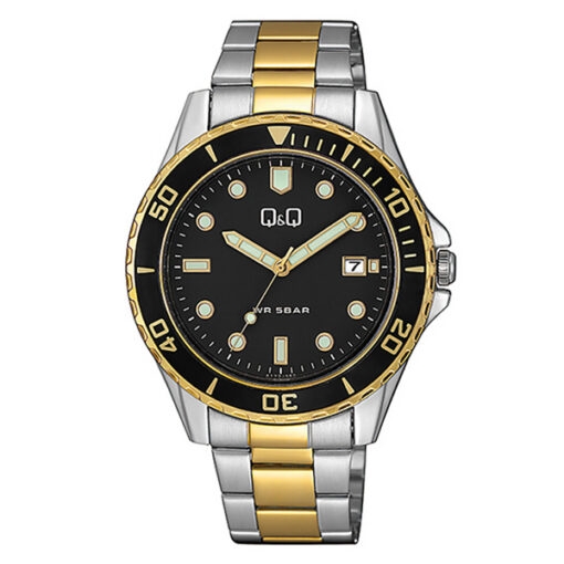Q&Q A172J412Y two tone stainless steel chain black dial mens analog wrist watch
