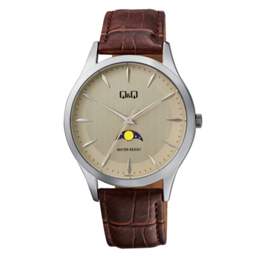 Q&Q AA30J311Y brown leather strap mens analog hand watch
