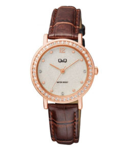 q&q QB45J111Y brown leather strap rose gold dial ladies wrist watch