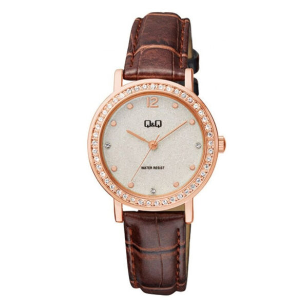 q&q QB45J111Y brown leather strap rose gold dial ladies wrist watch