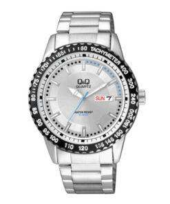 Q&Q A194-201Y silver stainless steel chain & white analog dial tachymeter men’s dress watch