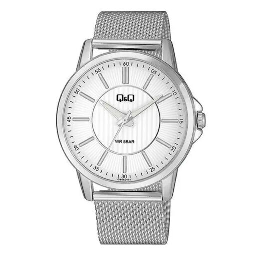 Q&Q QB66J201Y silver mesh strap white dial men's analog wrist watch