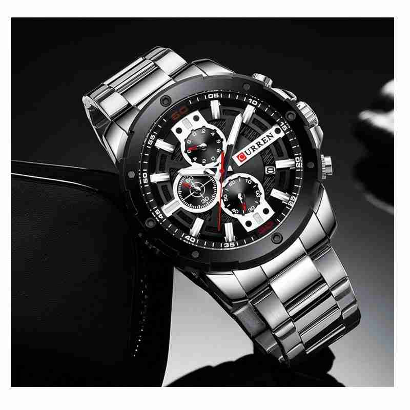 Curren 8336 Silver Chain Black Dial Chronograph Fashion Wrist Watch ...