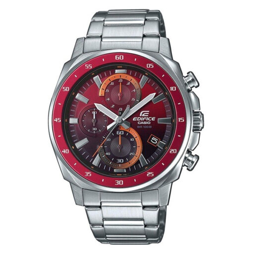 Casio Edifice EFV-600D-4AV silver stainless steel red dial chronograph wrist watch with stopwatch and date functions