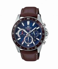 casio edifice efv-570l-2avudf model mens wrist watch in brown leather strap & blue chronograph dial